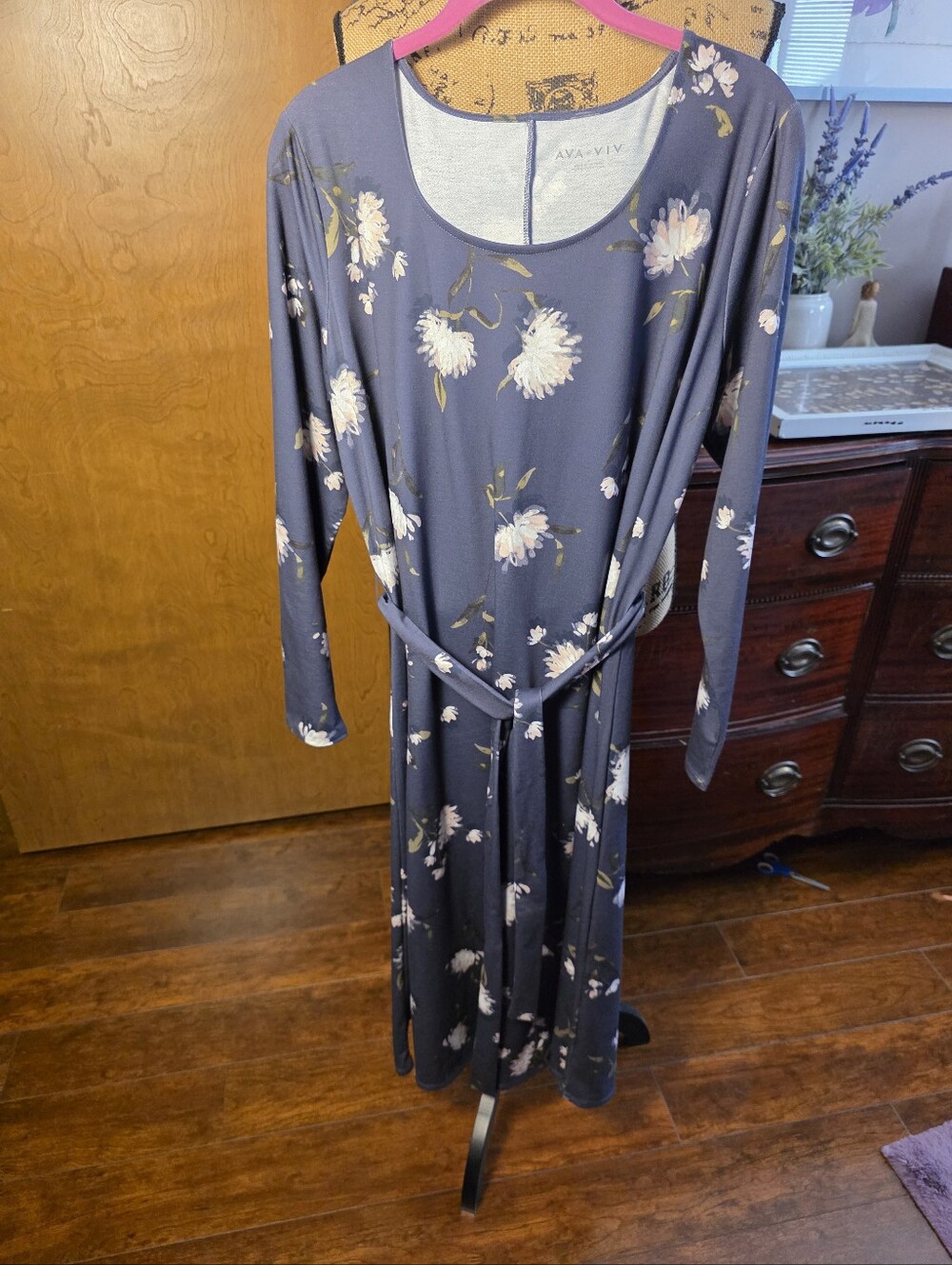 Ava & Viv Slate Blue Floral Long Sleeve Midi Dress